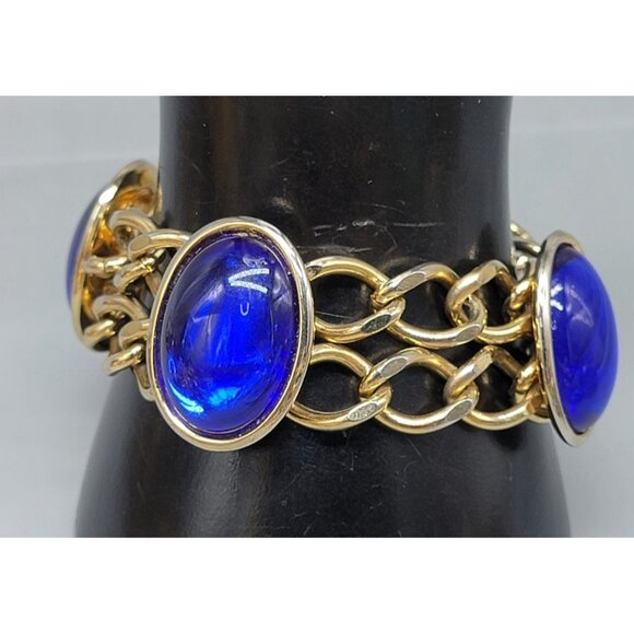 Blue Lucite Station Bracelet Vintage Large Link Gold Tone Size 7 Large Cabachon - Picture 5 of 8